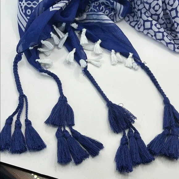 Chico's Blue and White Scarf with Tassels - Picture 4 of 6